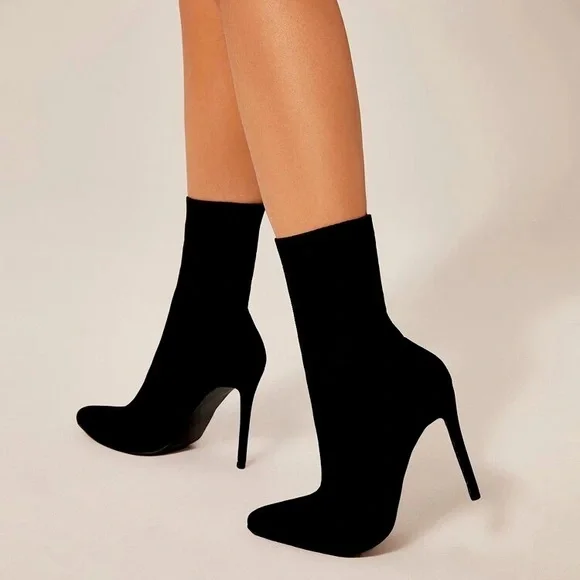 Zara Trafaluc Black Stretchy Sock Mesh Pointed Toe Ankle Boot Stiletto Heels - Picture 2 of 16